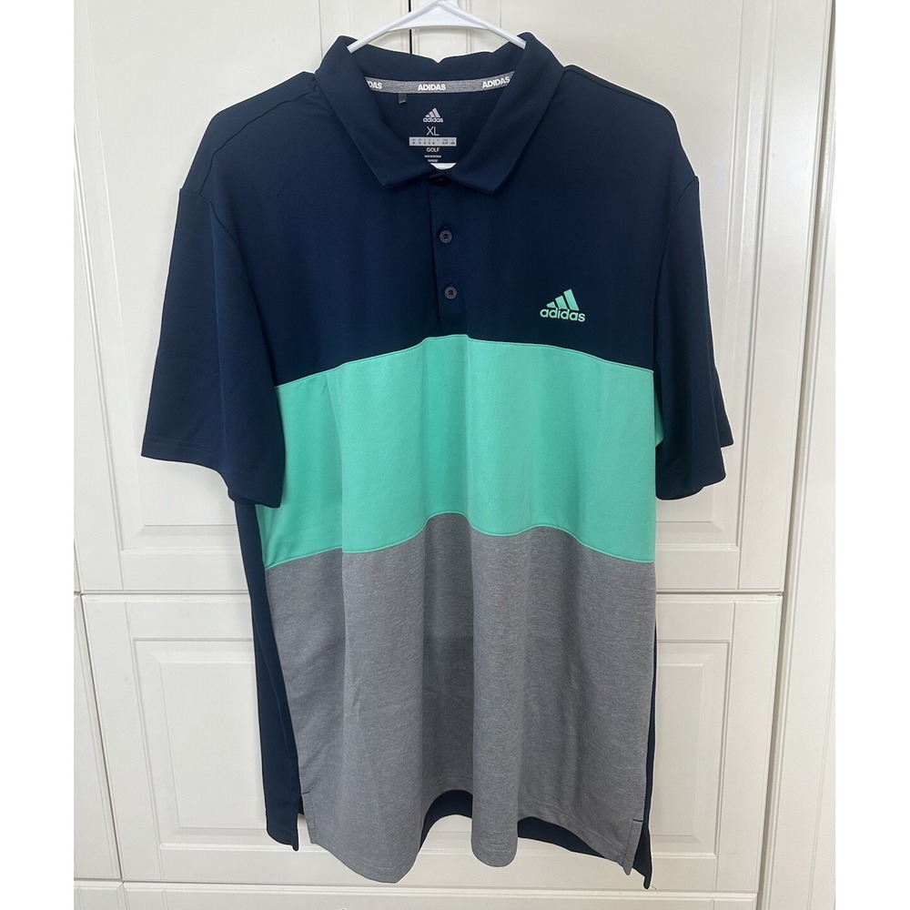 Adidas Mens Navy Green & Gray Striped Golf Polo Shirt Size XLarge
